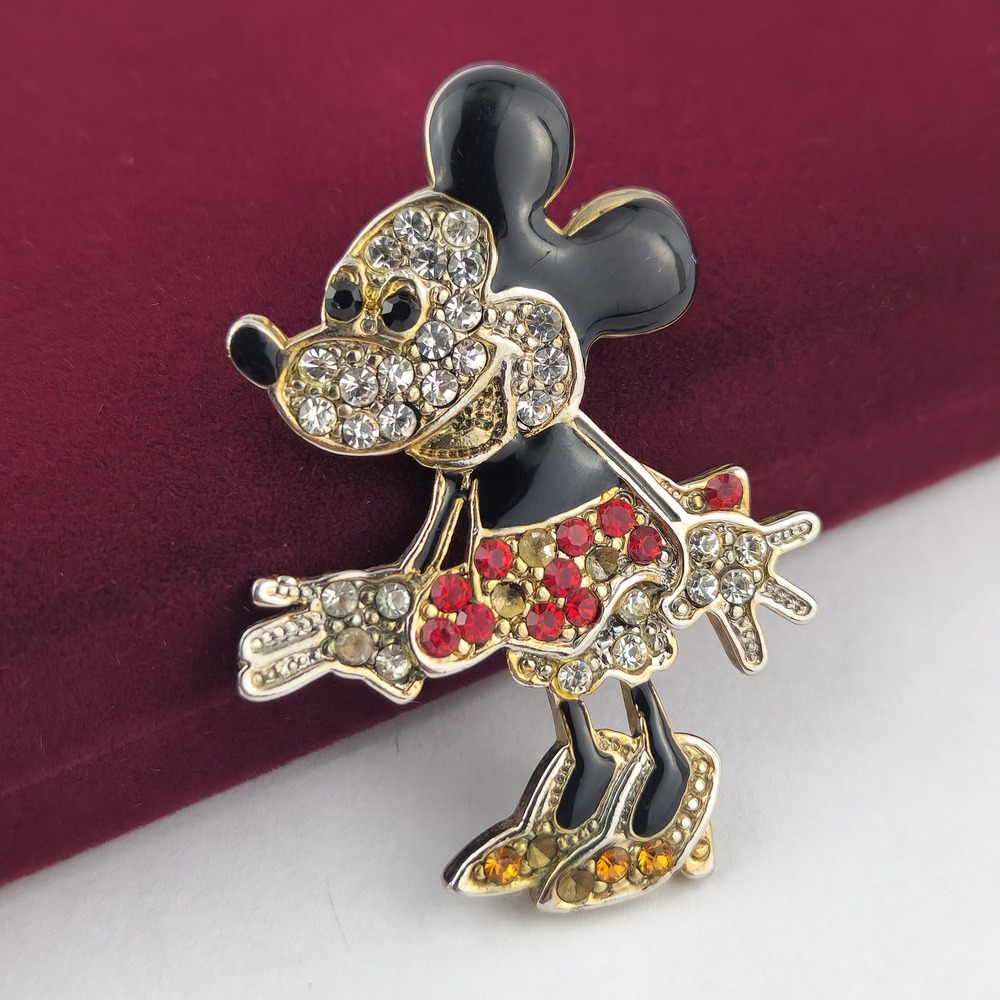 Vintage‎ Disney Minnie Mouse Rhinestone Brooch Signed Red Black Figural Pin READ